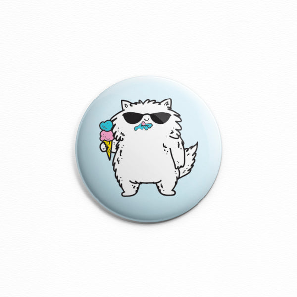 Ice Cream Cat - Button or magnet of a cat wearing sunglasses and holding an ice cream cone. He doesn't care that he has ice cream all over this face! Summer vibes.