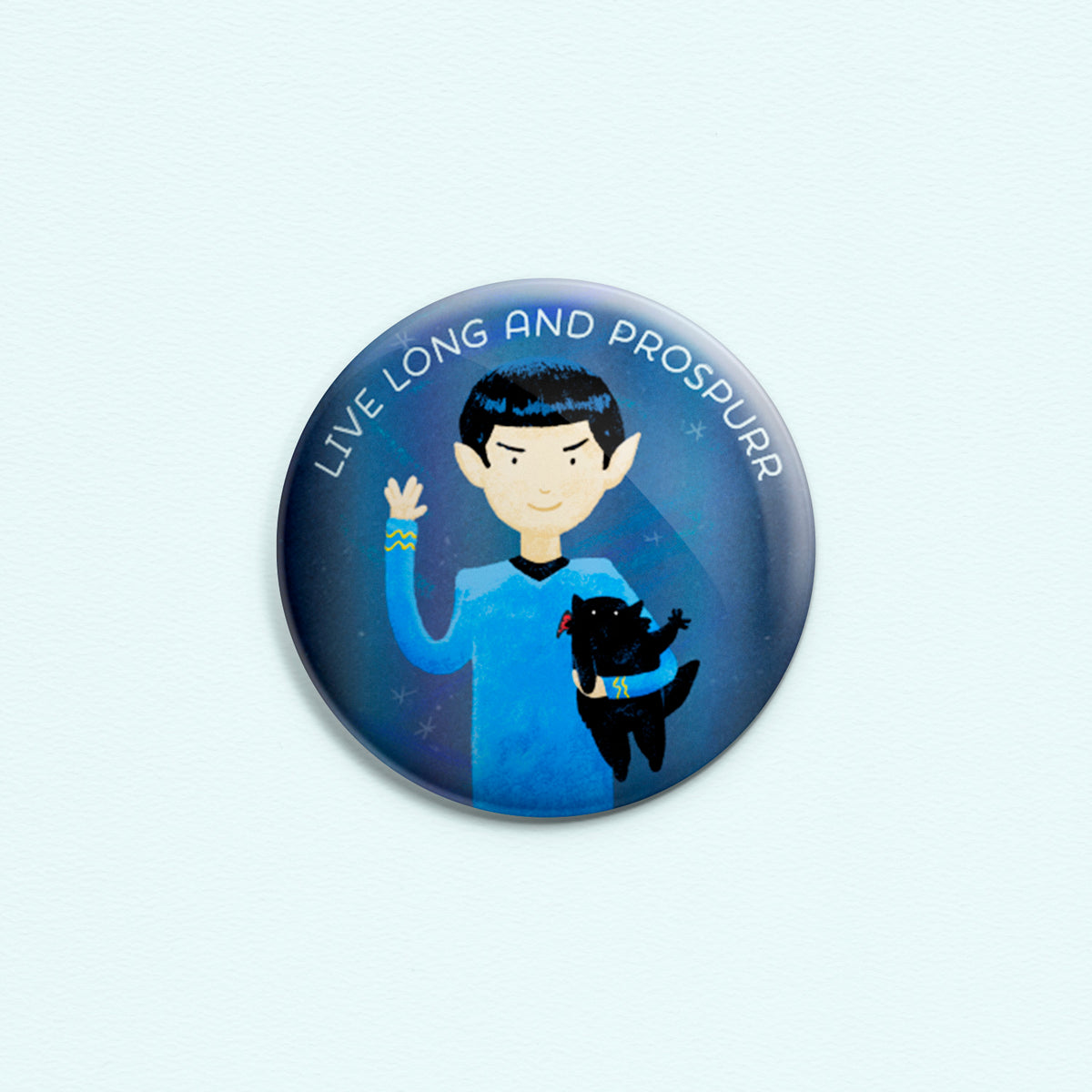 Live Long And Prospurr - Button or magnet with a digital painting of Spock holding a black cat. Both are making the Vulcan salute. LLAP.
