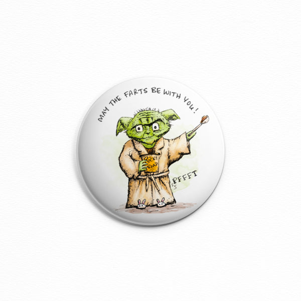 May The Farts With With You - Button or magnet with a drawing of Yoda eating ice cream and tooting! Fart jokes. Lactard.
