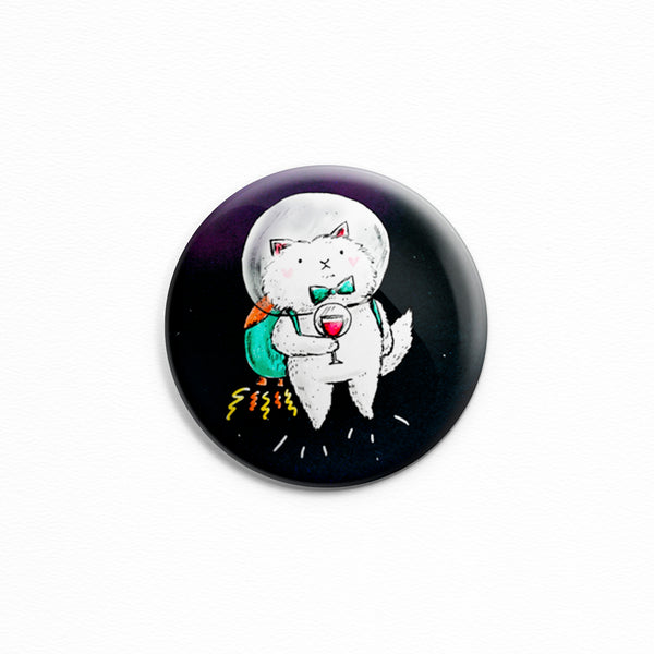 Space Kitty With Wine - Button or magnet with a drawing of a cat in outer space with a glass of wine by My Cat Is People.