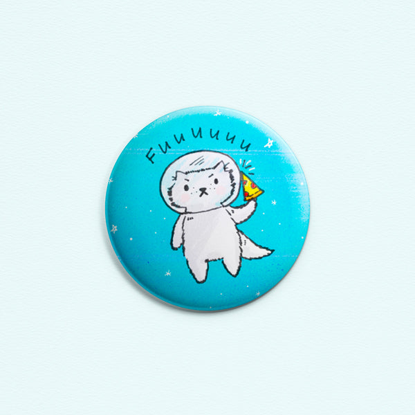 Space Kitty - Button or magnet with a drawing of a cat in outer space with a slice of pizza.