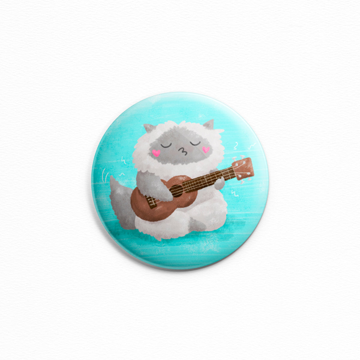 Ukulele Cat - Button or magnet with a digital painting of a cat playing the ukulele and singing.