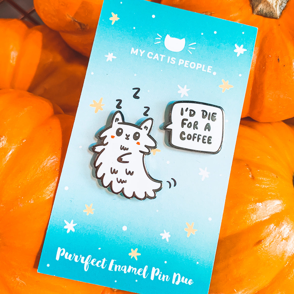 I'd Die For A Coffee ~ Fluffy ghost kitty enamel pin duo with screenprinted cheeks