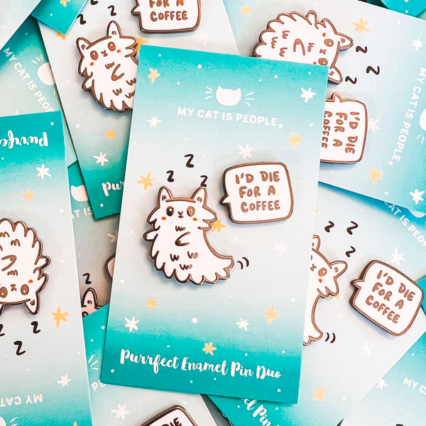 I'd Die For A Coffee ~ Ghost Cat Enamel Pin Set by My Cat Is People