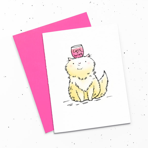 Cats + Wine - Greeting card with a drawing of a ginger cat with a glass of wine on her head.