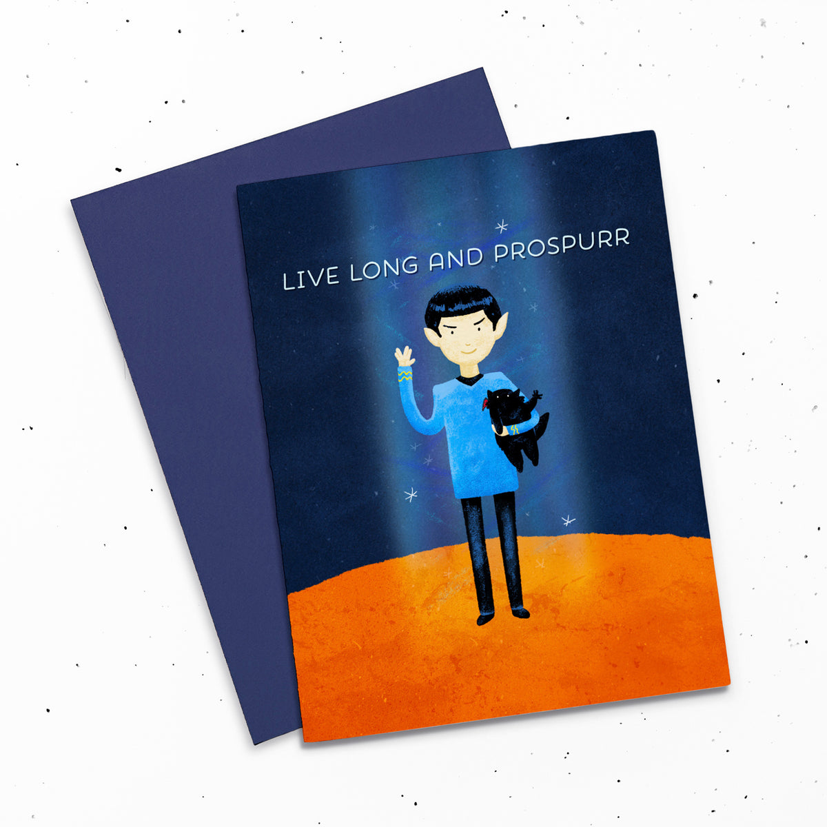 Live Long And Prospurr - Card with a digital painting of Spock holding a black cat. Both are making the Vulcan salute. LLAP.