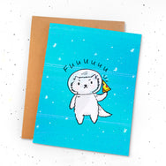Space Kitty - Greeting card with a drawing of a cat in outer space with a slice of pizza.