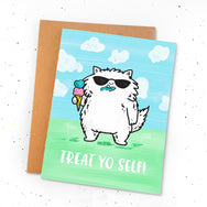 Treat Yo Self! ~ Ice cream cool cat greeting card by My Cat Is People.