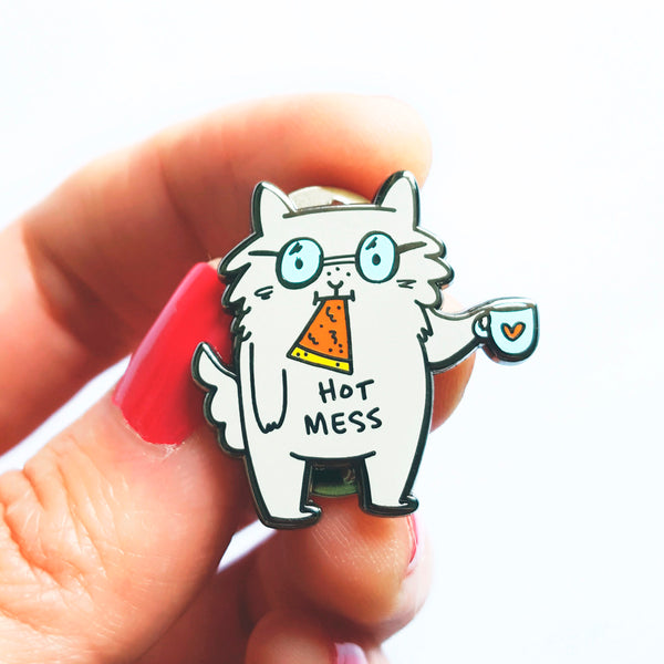 Hot Mess - Cat eating pizza and drinking coffee enamel pin by My Cat Is People