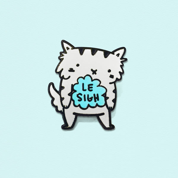 Le Sigh - Enamel pin of a little grey cat who has a bit of a sad storm cloud inside of him.
