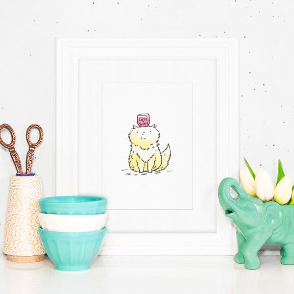 Cats + Wine - Illustration with a drawing of a ginger cat with a glass of wine on her head.
