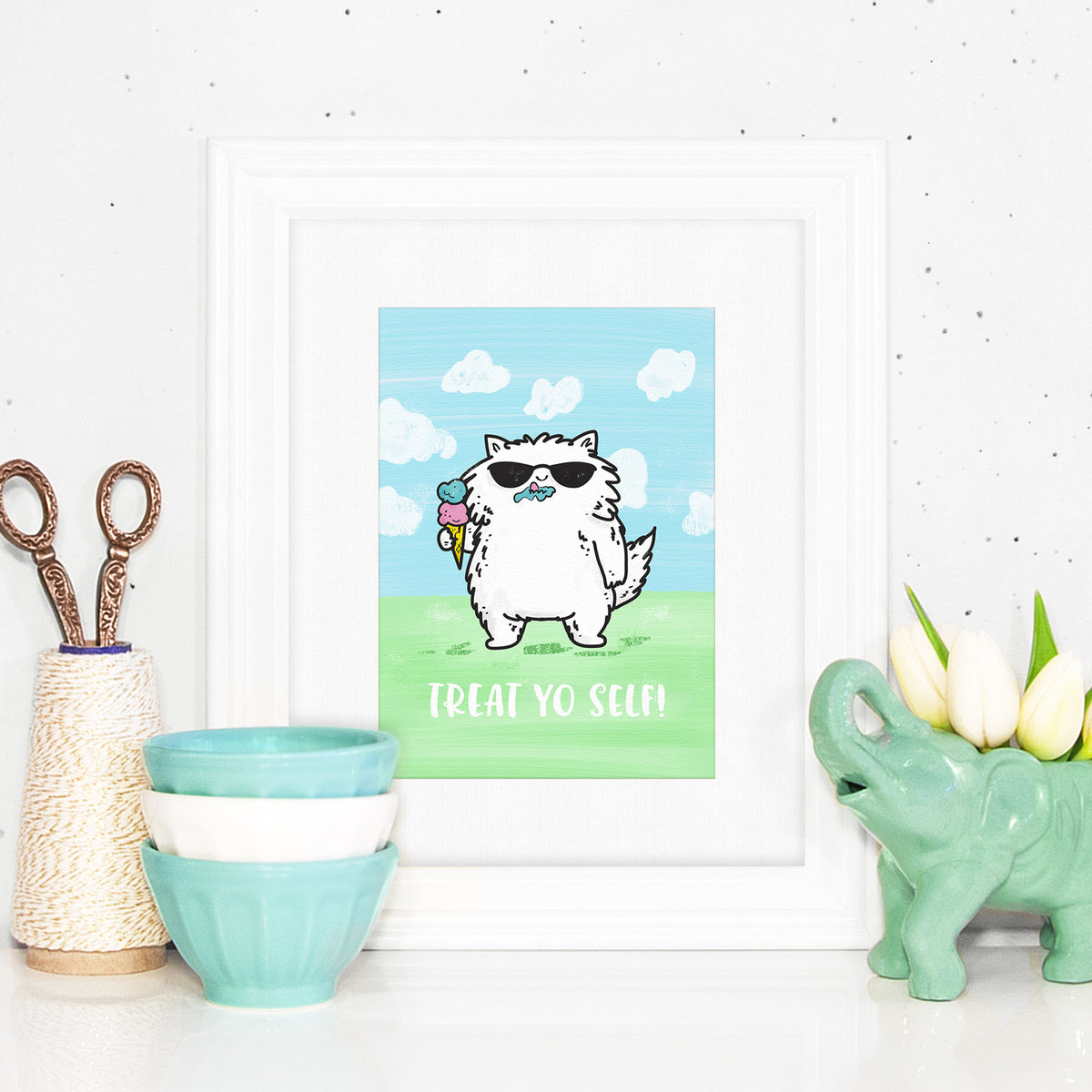 Treat Yo Self! ~ Ice cream cool cat art print by My Cat Is People.