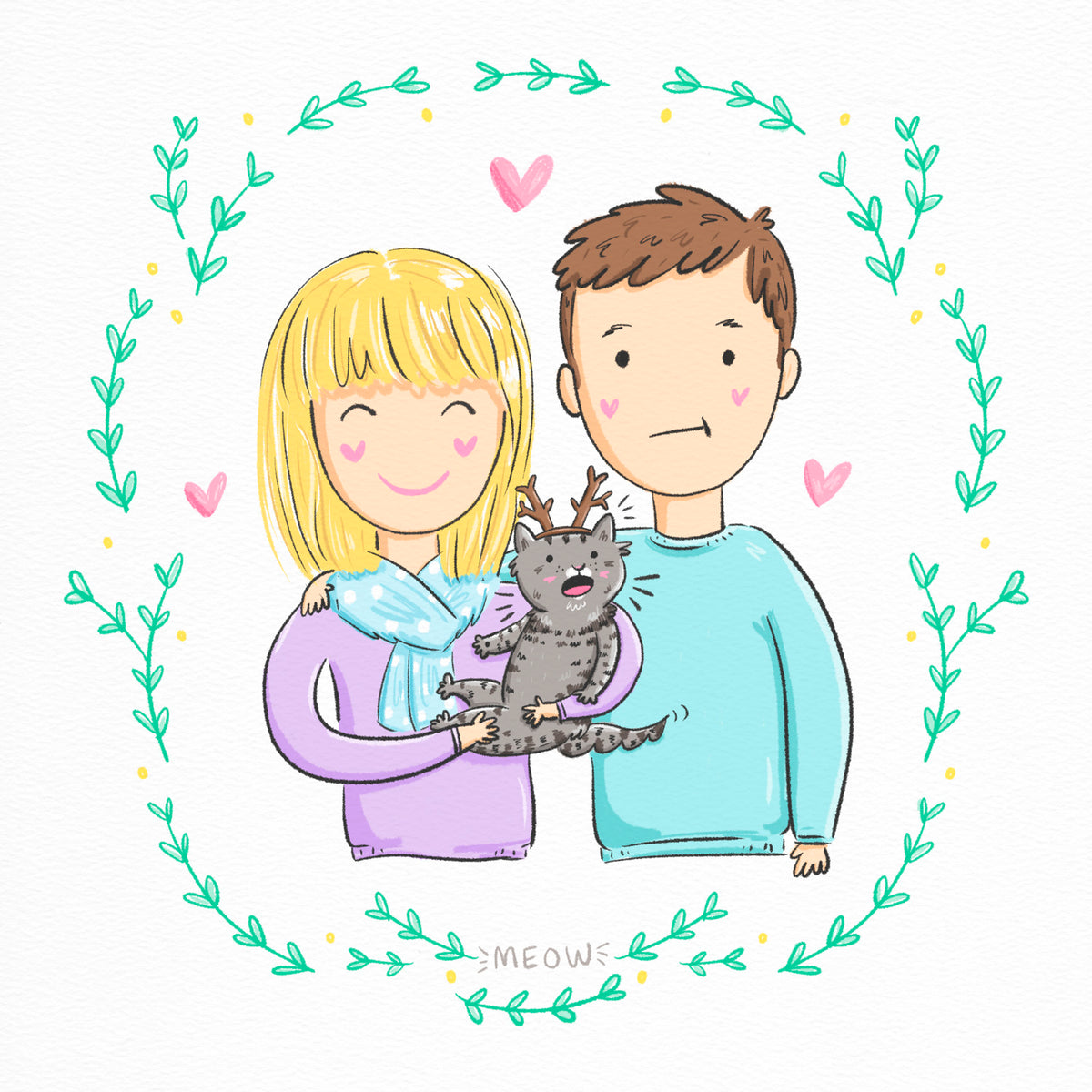 Custom drawn purrfect doodle family pet portrait by My Cat Is People