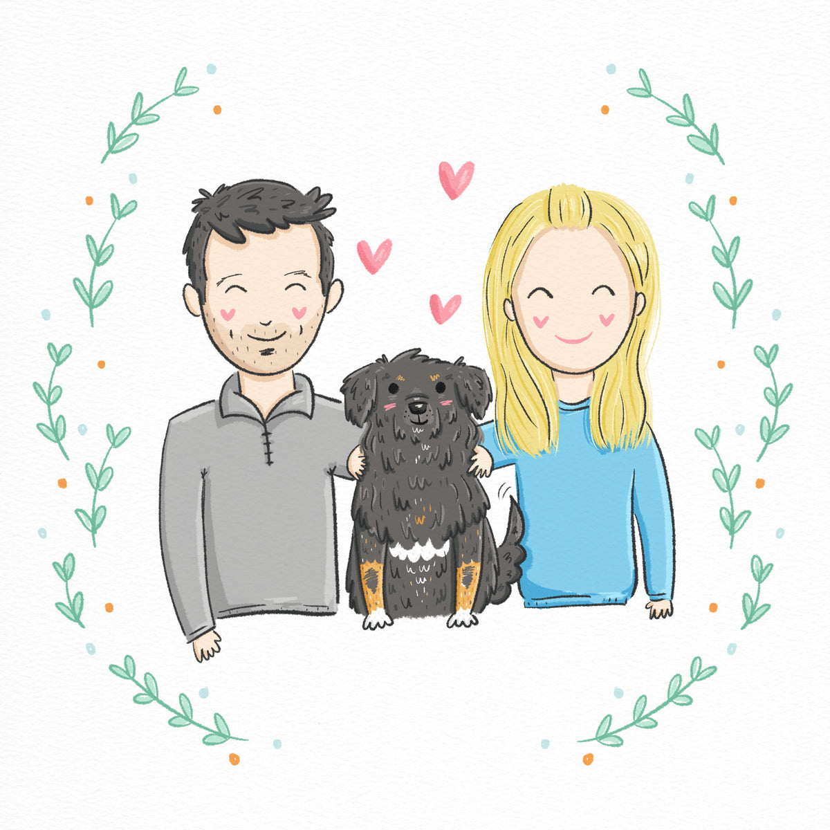 Custom drawn purrfect doodle family pet portrait by My Cat Is People