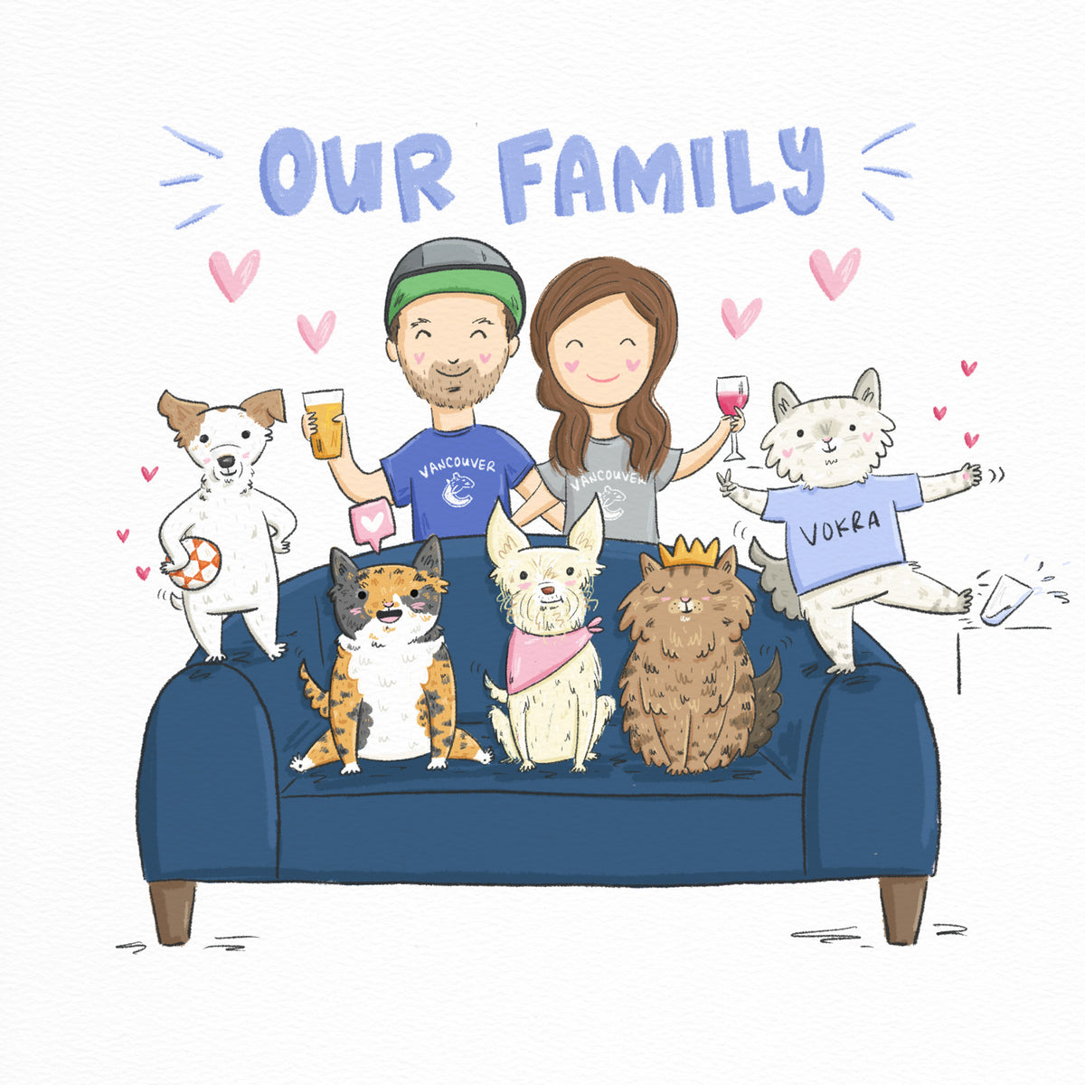 Custom drawn purrfect doodle family pet portrait by My Cat Is People